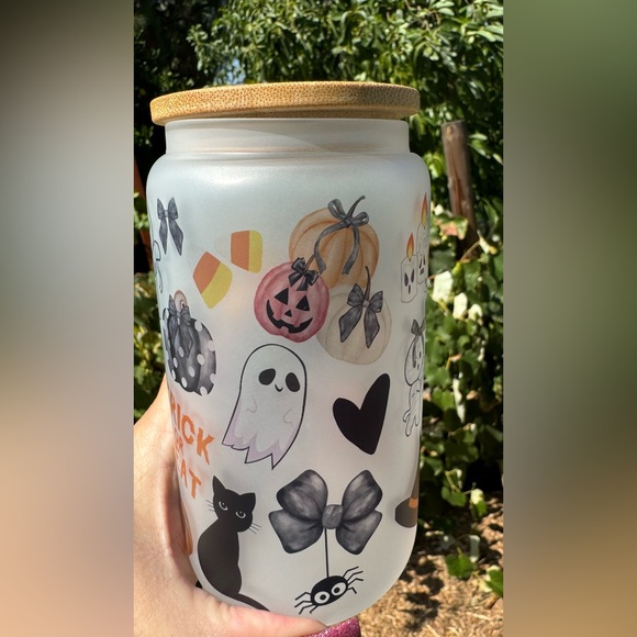 Halloween pumpkins cats ghost Libbey frosted can glass 16oz - Picture 3 of 4
